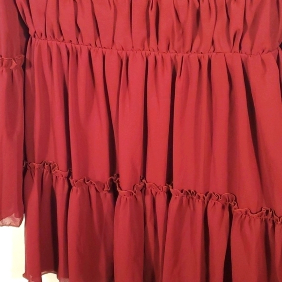 Plunging Neck Frill Maroon Ruffle Hem Chiffon Dress Size Medium NWTG - Picture 7 of 15